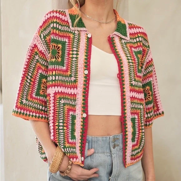 Blue B Collection Multi Color Short sleeve Crochet Granny Square sweater - Picture 1 of 8